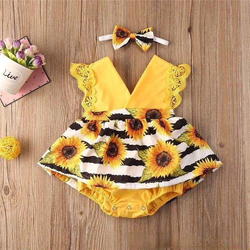 0-18Months Jumpsuit Summer Flying Floral Sleeve Romper Dress with Headband