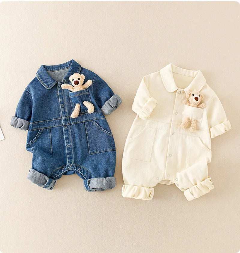 Spring Denim Baby Jumpsuit Cartoon Pocket Bear Romper for Boys Girls Newborn Overalls Korean Style Onesie Autumn Kids Clothing