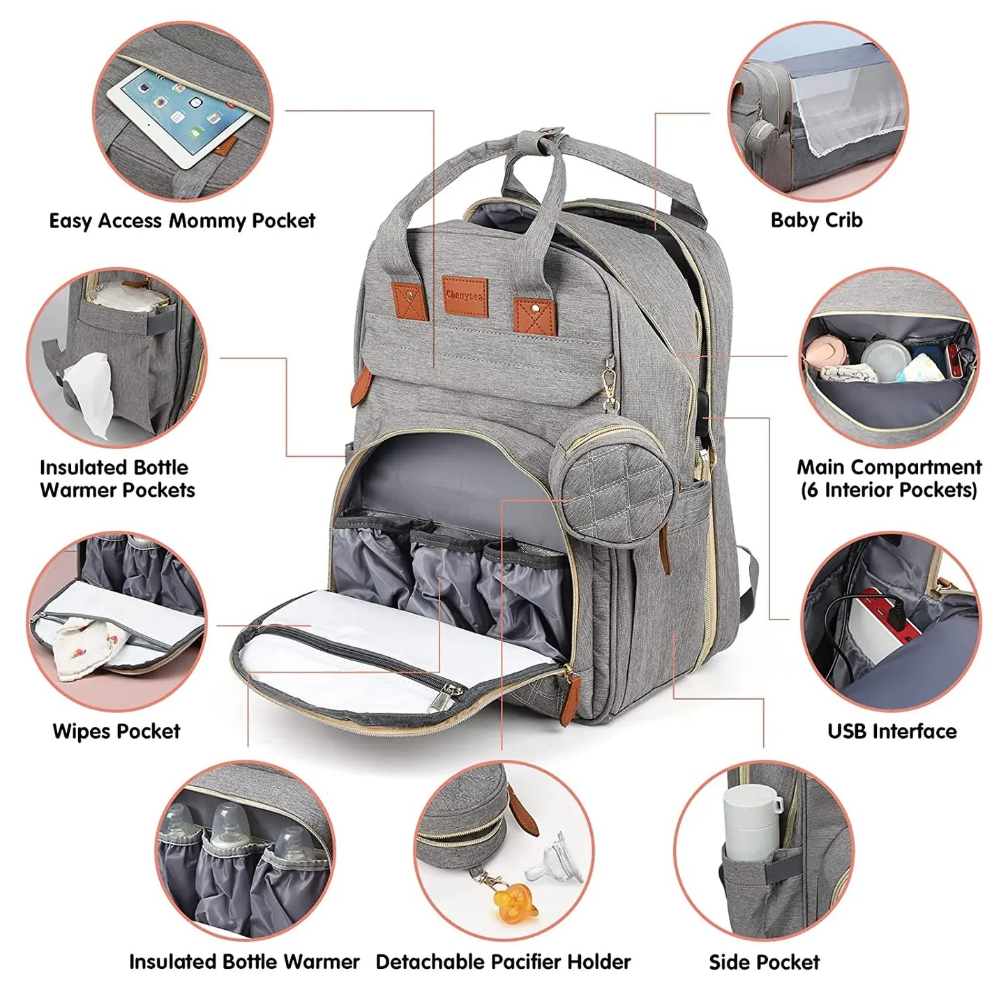 3 In 1 Diaper Bag Backpack Foldable Baby Bed Waterproof Travel Bag with USB Charge Diaper Bag Backpack with Changing Bed